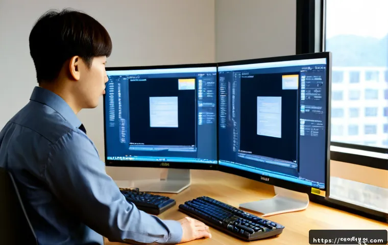필동 NTFS_FILE_SYSTEM - Photorealistic IT support workstation in a compact Pil-dong office, dual monitors showing a clean te...