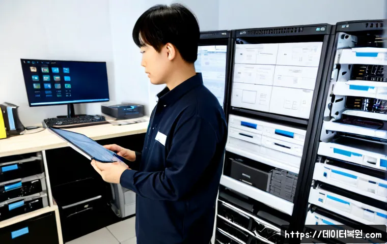 내유동 파일서버출장방문수리점 - Photorealistic onsite file server repair in a compact Naeyu-dong design studio, technician inspectin...