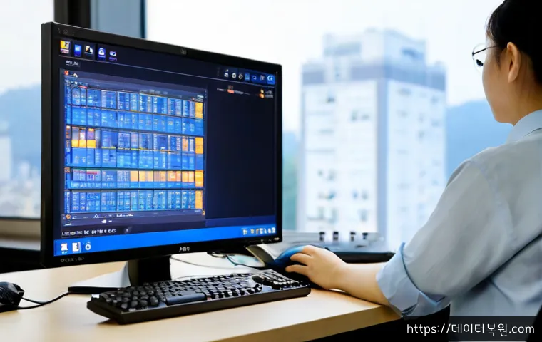 성동구 WIN32K_LOCK_HELD_TOO_LONG - Photorealistic IT support workstation in Seongdong-gu, a desktop monitor showing a blank cobalt syst...