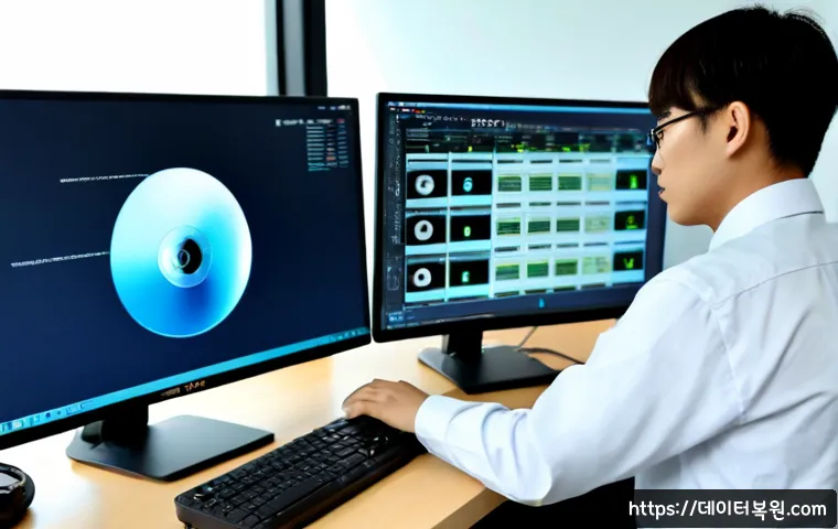 일직동 IO_DEVICE_ERROR - Photorealistic IT support workstation in a modern office near a rail district, dual monitors showing...