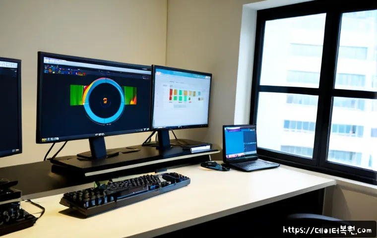 장항동 STATUS_INVALID_THREAD - Photorealistic remote-support workstation in a modern Janghang-dong office, IT specialist examining ...