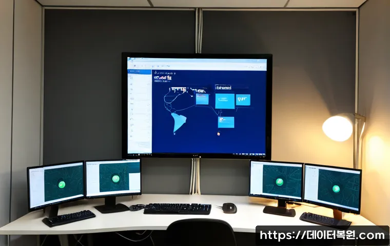 순화동 STATUS_DEVICE_OFFLINE - Photorealistic IT support workstation in a compact Sunhwa-dong office, dual monitors showing a clean...