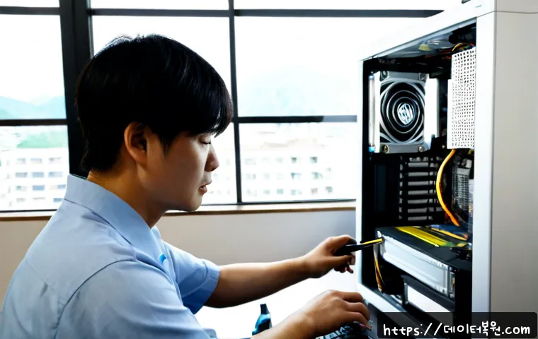 양천구 워크스테이션출장방문수리점 - Photorealistic on-site workstation repair in a bright Yangcheon-gu apartment office, technician care...