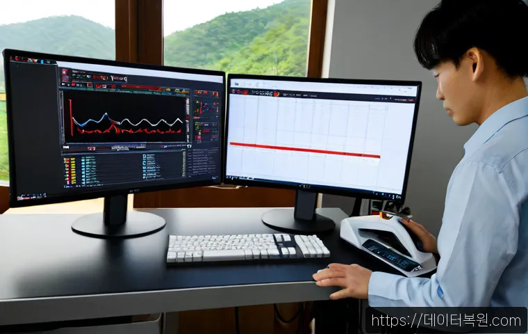 진관동 STATUS_KERNEL_LOG_FAILURE - Photorealistic IT support workstation in a modern apartment near wooded hills, dual monitors showing...