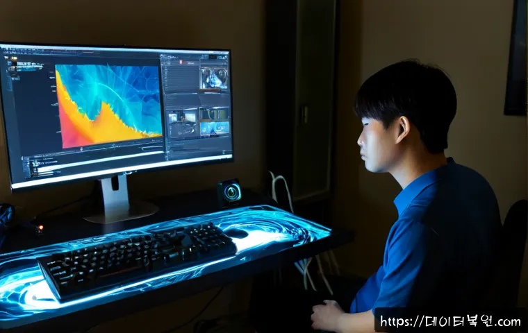 청구동 VIDEO_DRIVER_INIT_FAILURE - Photorealistic IT support workstation in a compact Seoul hillside apartment office, dual monitors sh...