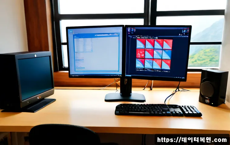 인수동 STATUS_KERNEL_MODULE_INVALID - Photorealistic IT support workstation in a compact Insu-dong apartment office, dual monitors showing...