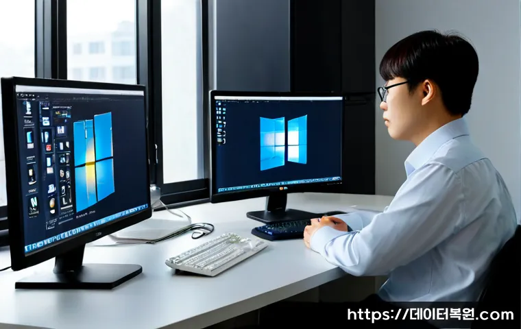 명일동 STATUS_ACCESS_VIOLATION - Photorealistic IT support workstation in a quiet Myeongil-dong apartment office, dual monitors showi...