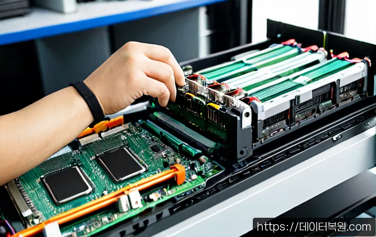 행주동 RAM조립 및 교체수리 - Photorealistic close-up of a skilled computer technician installing two new RAM modules into a clean...