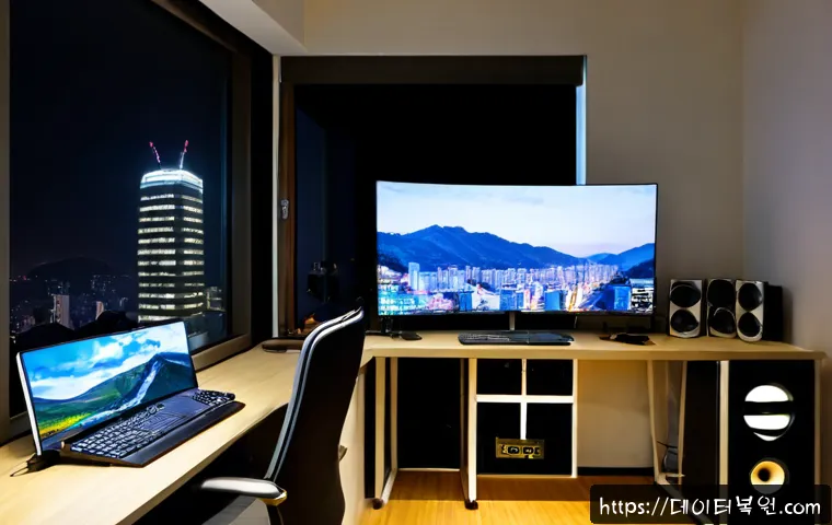 연희동 본체 꺼졌다 켜졌다 할때 - Photorealistic Korean home office in Yeonhui-dong, desktop tower repeatedly powering on and shutting...