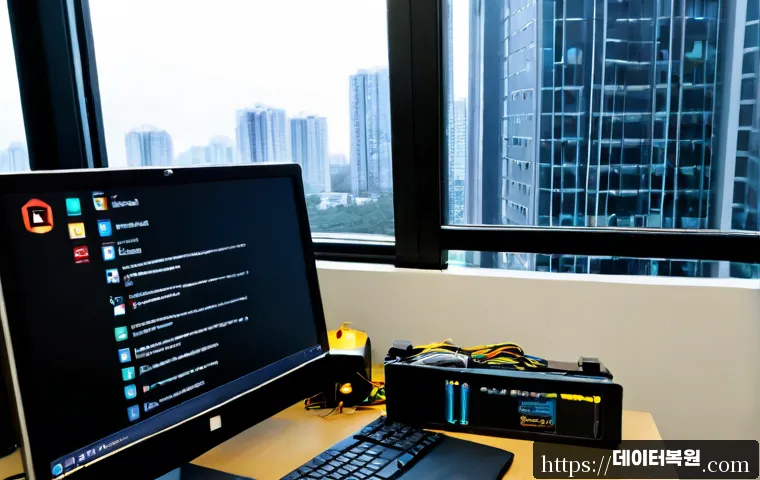 개포동 a disk read error occurred - Photorealistic IT support workstation in a modern high-rise apartment office, desktop monitor showin...
