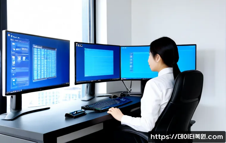옥길동 STATUS_KERNEL_SECURITY_CHECK - Photorealistic IT support workstation in a modern apartment-office setting, dual blank monitors show...