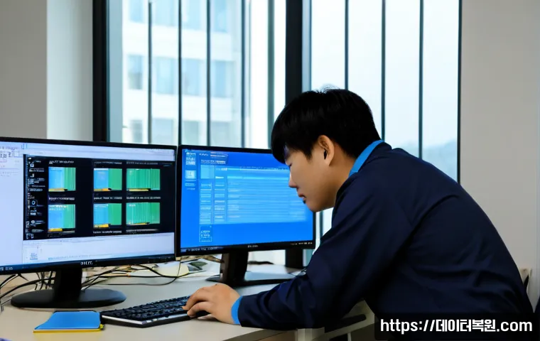 연건동 ACPI_BIOS_ERROR - Photorealistic IT support workstation in a Yeongeon-dong university research office, desktop monitor...