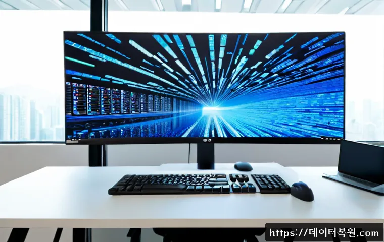 지영동 POOL_HEADER_CORRUPTION - Photorealistic IT support workstation in a modern Korean office, dual monitors showing an abstract m...