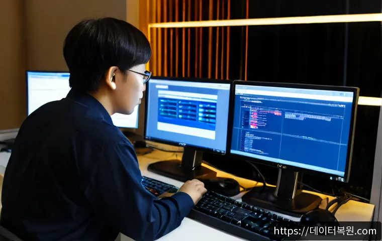 명동 PAGE_TABLE_CORRUPT - Photorealistic IT support workstation in a compact Myeongdong office, dual monitors showing a generi...