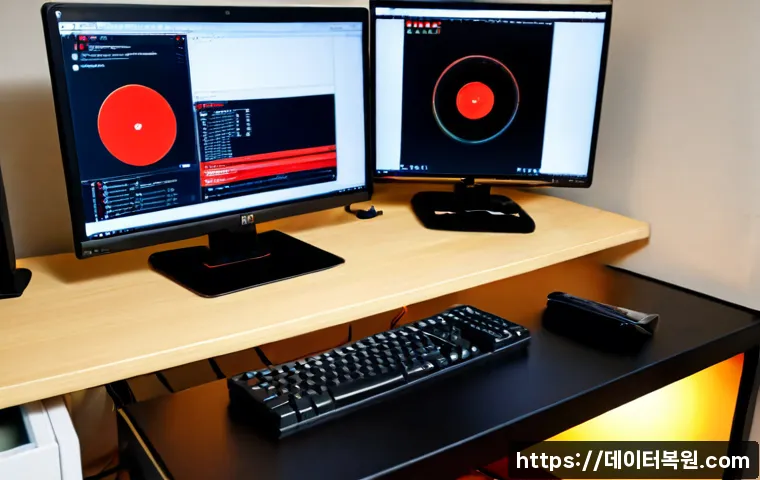 신대방 STATUS_DISK_FULL - Photorealistic IT support workstation in a compact Sindebang apartment office, dual monitors showing...