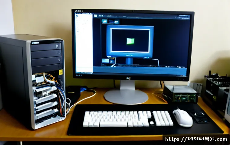 군자동 a disk read error occurred - Photorealistic computer repair workstation in a compact Gunja-dong electronics office, desktop PC op...