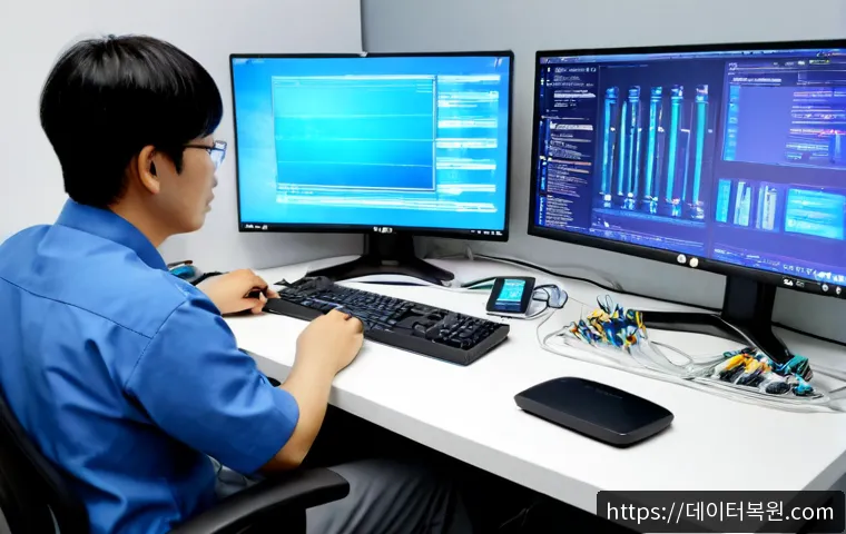관문동 STATUS_KERNEL_APC_PENDING - Photorealistic IT support workstation in a compact Korean office near a transit gateway district, du...