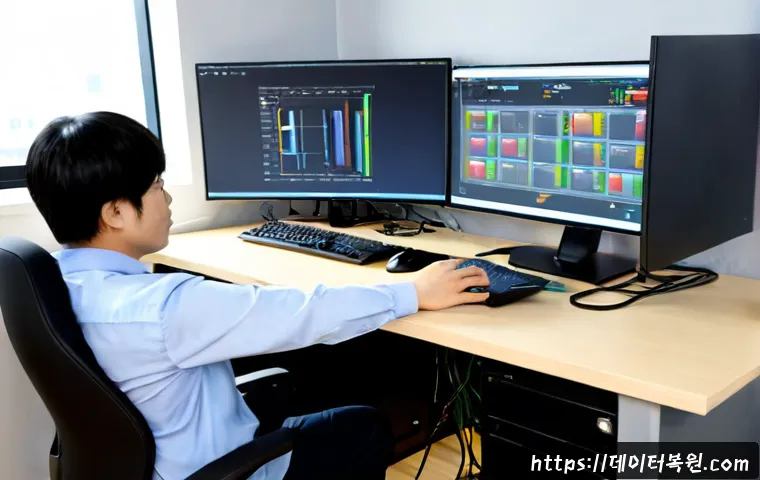 주암동 자동복구 - Photorealistic IT support workstation in a compact Korean office near a quiet industrial-residential...