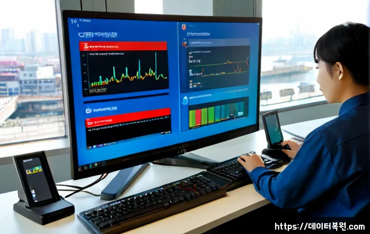 잠실동 STATUS_PROTECTION_ERROR - Photorealistic IT support workstation in a bright high-rise office near a broad riverside district, ...