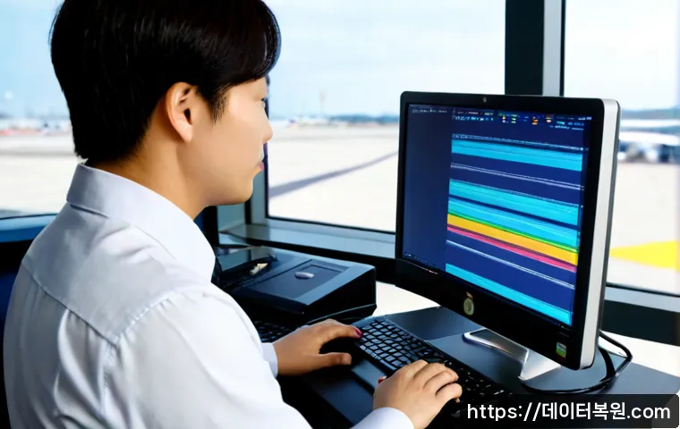 공항동 STATUS_KERNEL_EXECUTION_ERROR - Photorealistic IT support workstation near an airport district, dual monitors showing abstract color...