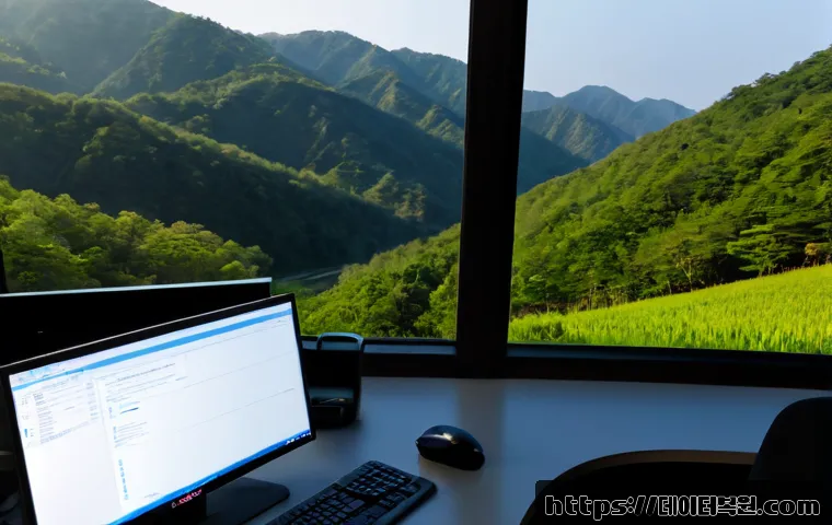 도척면 STATUS_FILE_IN_USE - Photorealistic remote-support workstation in a quiet rural Gyeonggi office, desktop monitor showing ...