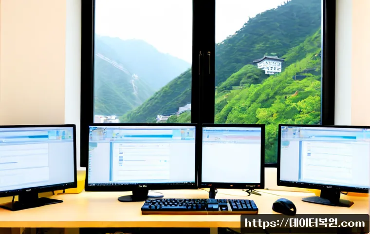 남현동 REGISTRY_ERROR - Photorealistic IT support workstation in a compact Seoul foothill apartment office, dual monitors sh...