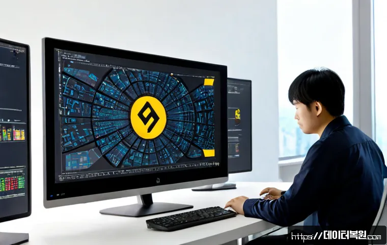 대화동 STATUS_FLOAT_DIVIDE_BY_ZERO - Photorealistic IT support workstation in a modern Daehwa-dong office, engineer studying a large moni...