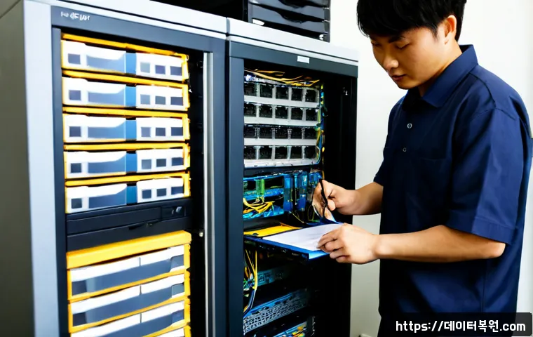 보문동 NAS출장방문수리점 - Photorealistic onsite NAS repair workstation inside a compact hillside apartment, technician connect...