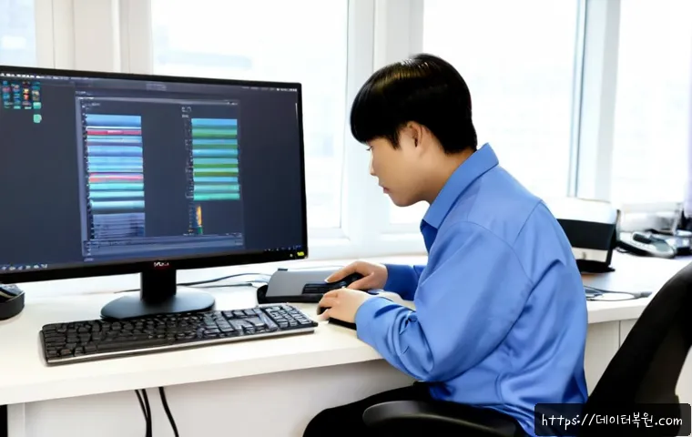흥인동 STATUS_KERNEL_DISK_ERROR - Photorealistic IT support workstation in a compact Hongin-dong garment workshop office, dual monitor...