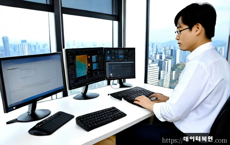 삼성동 STATUS_KERNEL_EXECUTION_ERROR - Photorealistic premium workstation in a Samsung-dong high-rise office, dual monitors showing a compl...