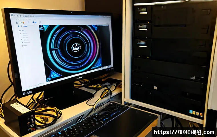 화양동 STATUS_DISK_FULL - Photorealistic compact PC repair workstation in a Hwayang-dong apartment office, desktop tower open ...