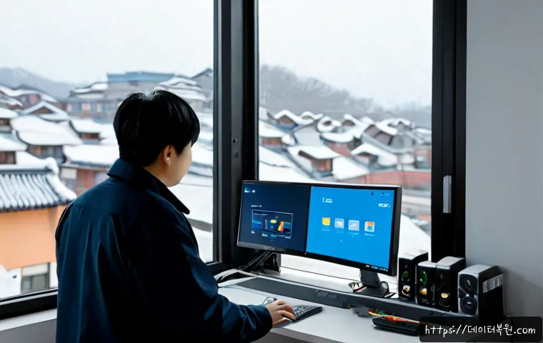 신수동 STATUS_PAGE_FAULT - Photorealistic remote IT support workstation in a compact Sinsu-dong apartment office, ultrawide mon...