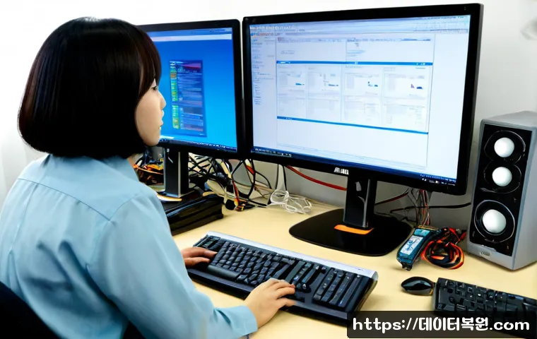 일산동 자동복구 - Photorealistic computer repair workstation in a modern Ilsandong apartment office, dual monitors sho...
