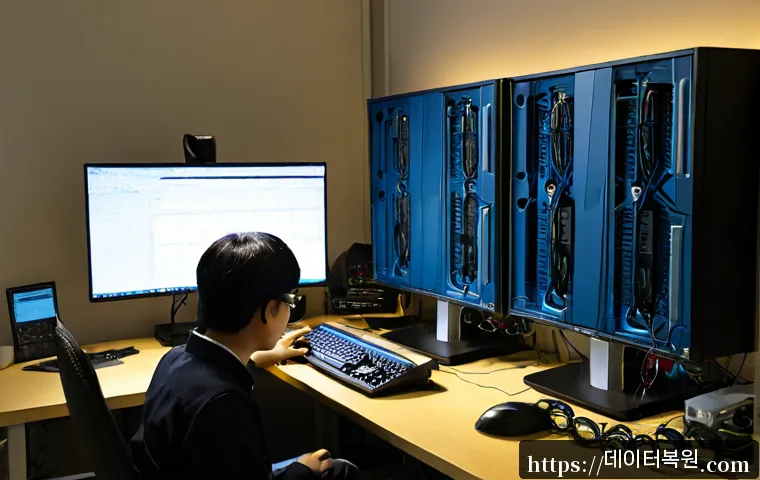 교남동 NMI_HARDWARE_FAILURE - Photorealistic IT support workstation in a compact Jongno district office, technician diagnosing a d...