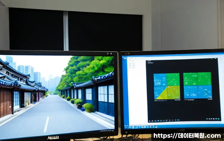 용신동 STATUS_KERNEL_MODULE_FAILURE - Photorealistic IT support workstation in a compact Yongdu-dong office, dual monitors showing abstrac...