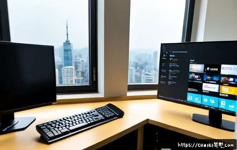 신정동 입력신호가 없습니다 - Photorealistic remote-support workstation in a Sinjeong-dong apartment home office, dual monitors wi...
