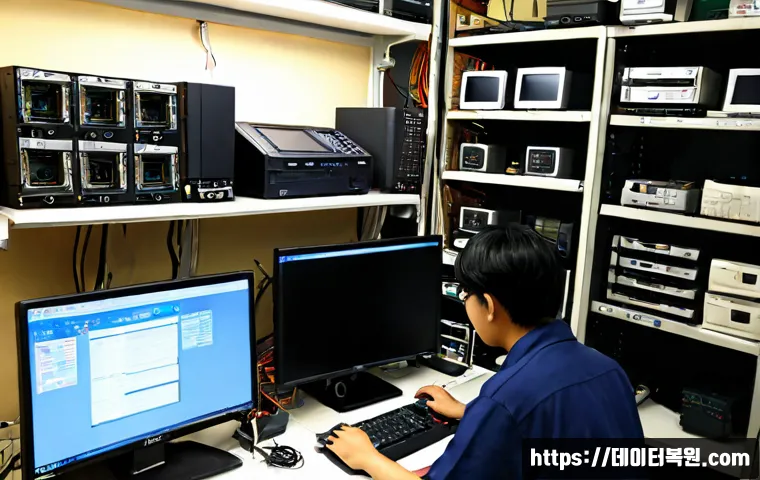 황학동 STATUS_STACK_UNDERFLOW - Photorealistic IT support workstation in a compact Hwanghak-dong electronics repair shop, technician...
