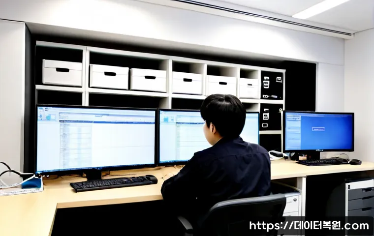 무교동 STATUS_FILE_IN_USE - Photorealistic IT support workstation in a compact downtown Seoul office near Mugyo-dong, dual monit...