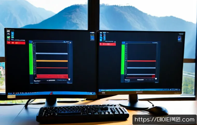 강북구 STATUS_MEMORY_OVERFLOW - Photorealistic IT support workstation in a compact Gangbuk-gu office, dual monitors showing abstract...