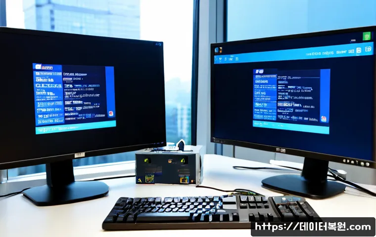 금천구 WHEA_UNCORRECTABLE_ERROR - Photorealistic IT support workstation in Geumcheon-gu’s modern digital-office district, dual monitor...