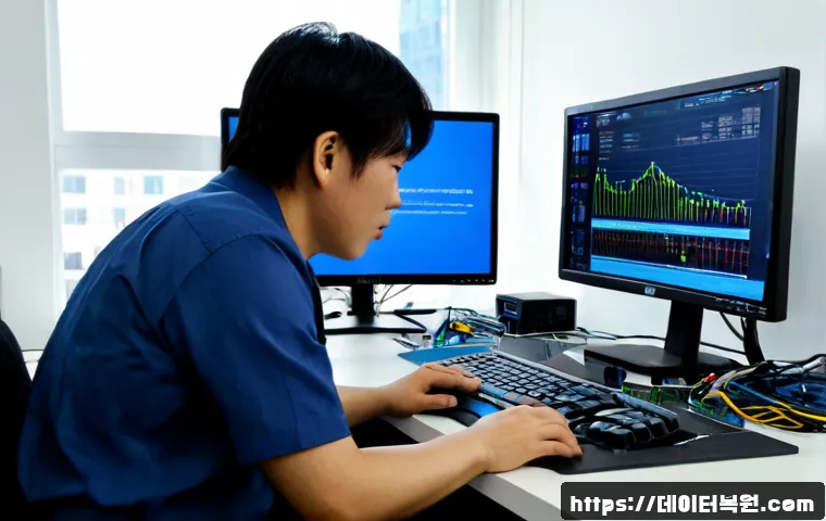 도렴동 MACHINE_CHECK_EXCEPTION - Photorealistic IT support workstation in a modern Seoul office near a quiet historic civic district,...