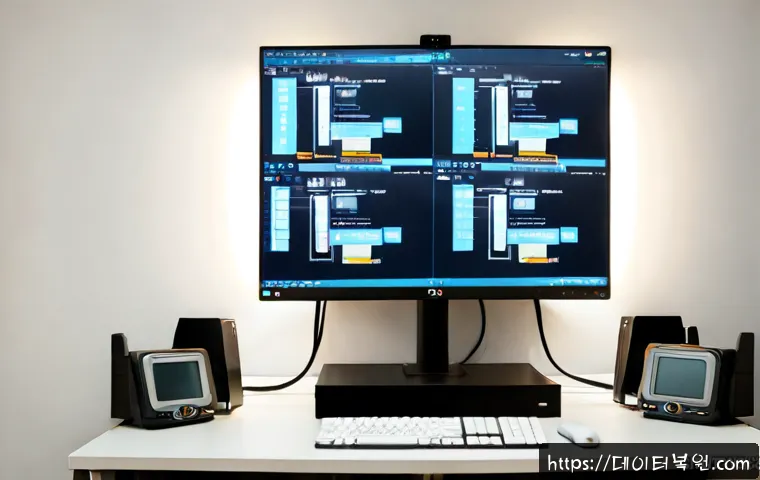 무악동 STATUS_NETWORK_ACCESS_DENIED - Photorealistic IT support workstation in a compact Muak-dong apartment office, dual monitors showing...