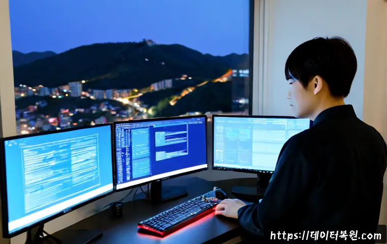 미아동 STATUS_KERNEL_HEAP_CORRUPTION - Photorealistic IT support workstation in a compact Mia-dong apartment office, dual monitors showing ...