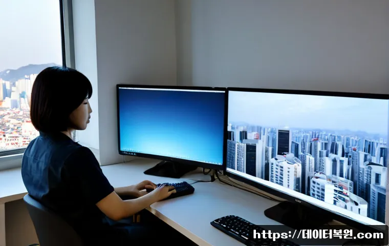 동작구 STATUS_MODULE_NOT_FOUND - Photorealistic software engineer workstation in Dongjak district, Seoul, dual monitors showing a sle...