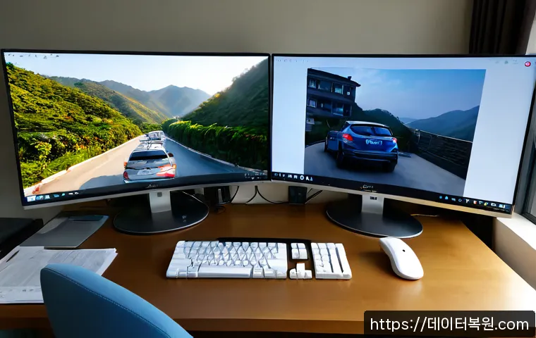 청구동 자동복구 - Photorealistic remote-support workstation in a compact Cheonggu-dong apartment office, dual monitors...