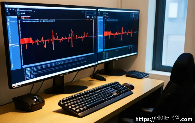 혜화동 STATUS_KERNEL_STACK_CORRUPTION - Photorealistic IT support workstation in a compact Hyehwa neighborhood studio, dual monitors showing...