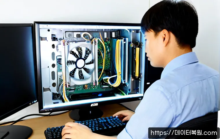 관철동 팬돌다 멈춤 - Photorealistic compact office workstation in Gwancheol-dong, Seoul, open desktop PC side panel revea...