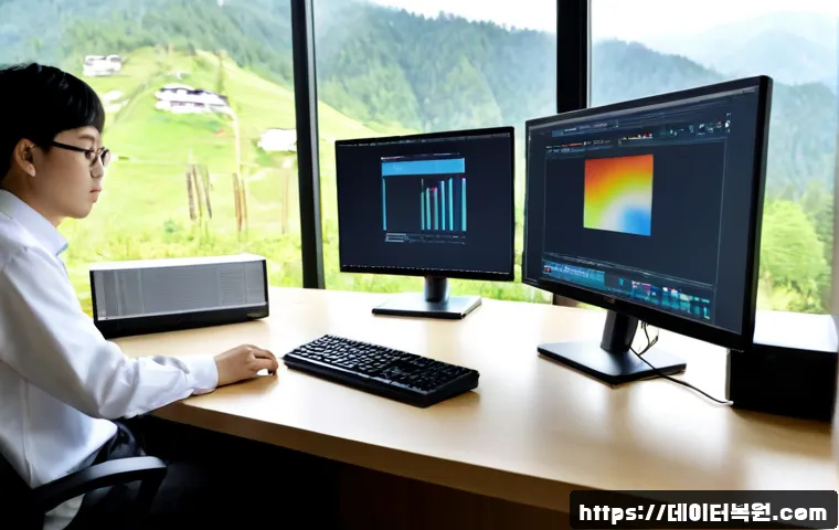 설악면 STATUS_INVALID_DISPOSITION - Photorealistic remote IT support workstation in a quiet mountain township office, dual monitors show...