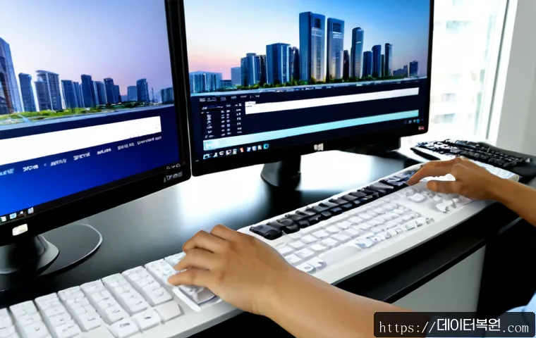 노원구 f4키 누르라고 할때 - Photorealistic remote-support workstation in a bright apartment office, technician’s hand hovering o...