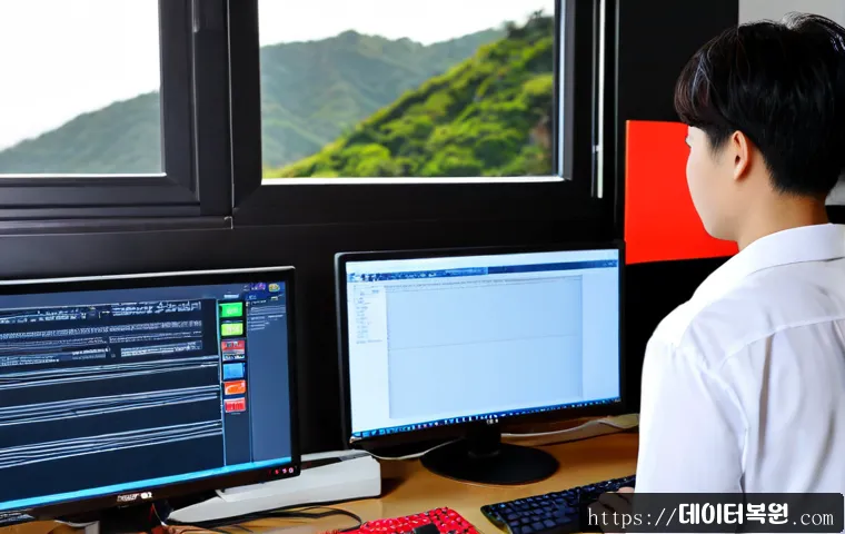 무악동 STATUS_IMAGE_CHECKSUM_MISMATCH - Photorealistic IT support workstation in a compact office near a quiet hillside neighborhood, dual m...